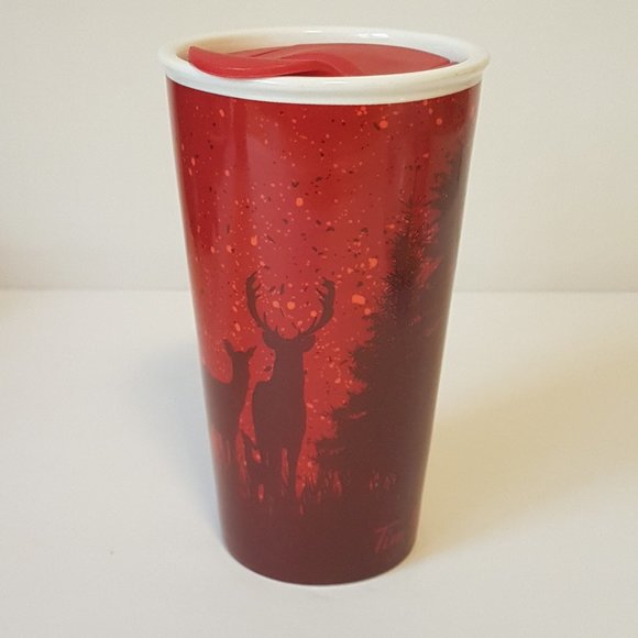 Tim Hortons 2017 Travel Mug Lidded Tumbler Deer Elk Trees Winter Holiday Red - Picture 11 of 16